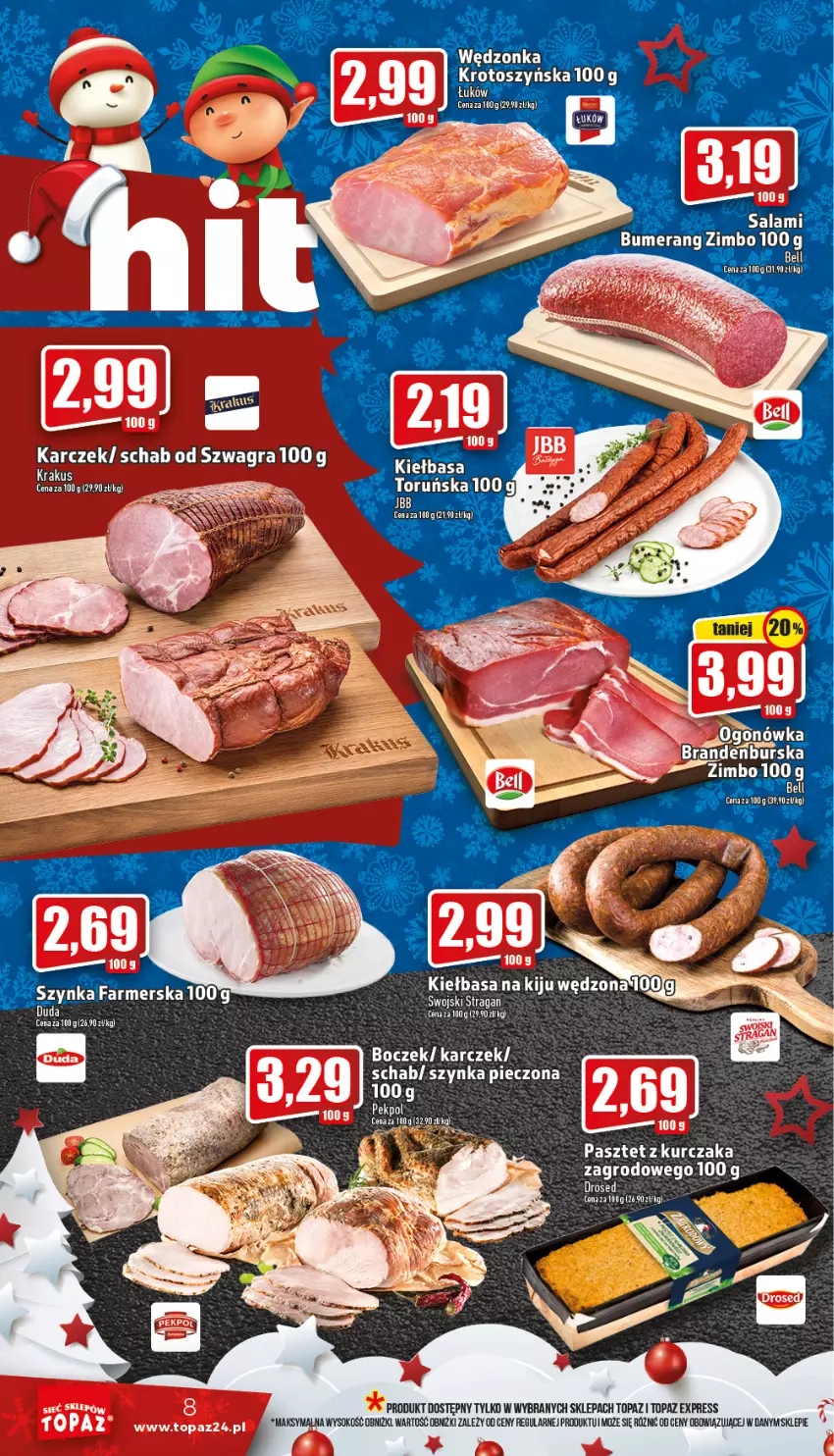 Gazetka promocyjna Topaz - Gazetka - ważna 15.12 do 24.12.2022 - strona 8 - produkty: Bell, Boczek, Bumerang, Fa, Gra, Kiełbasa, Kurczak, Pasztet, Piec, Salami, Sok, Szynka, Szynka farmerska, Top