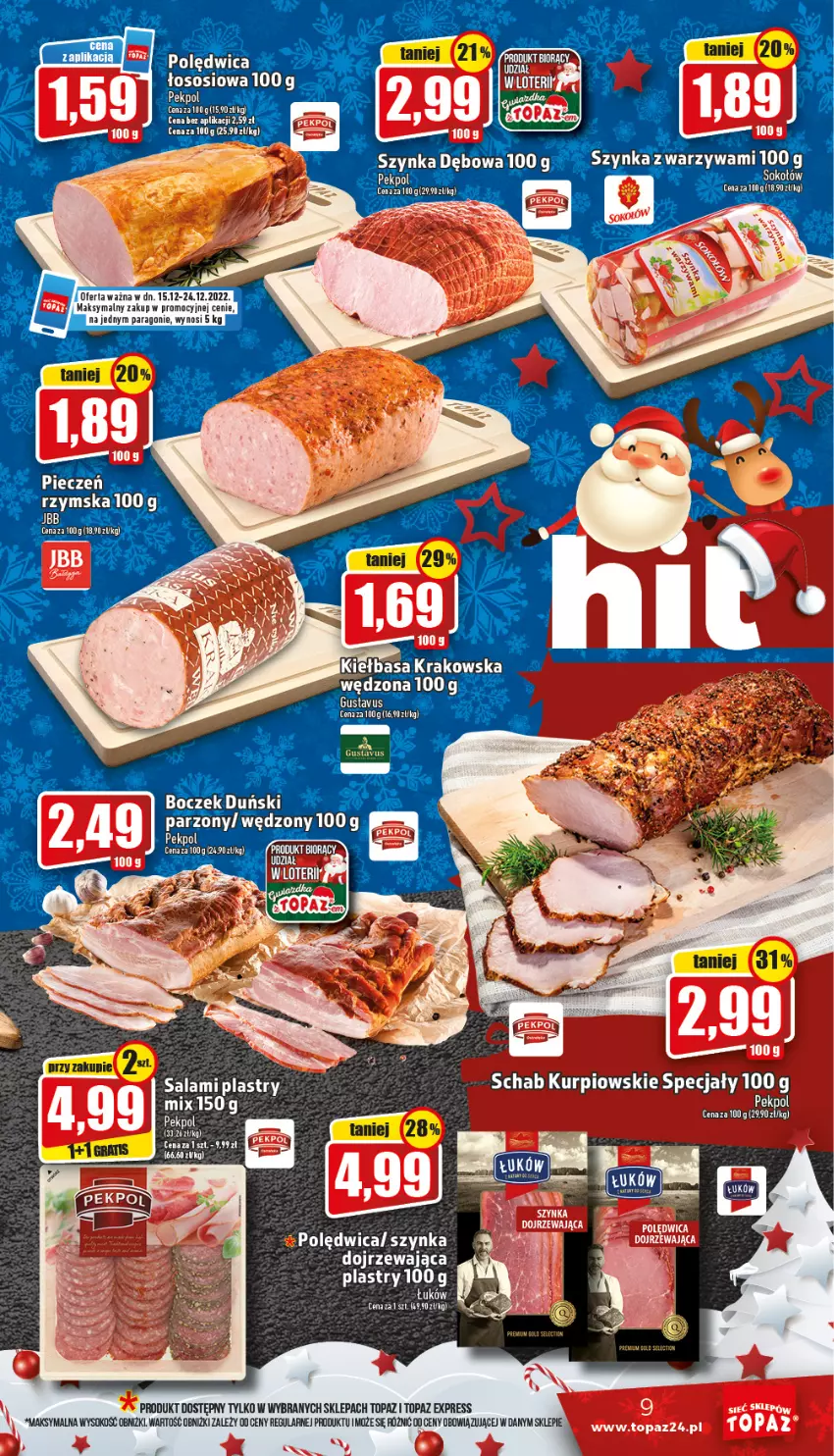 Gazetka promocyjna Topaz - Gazetka - ważna 15.12 do 24.12.2022 - strona 9 - produkty: Kiełbasa, Kiełbasa krakowska, Piec, Pieczeń rzymska, Por, Salami, Sok, Sokołów, Sos, Szynka, Top, Warzywa