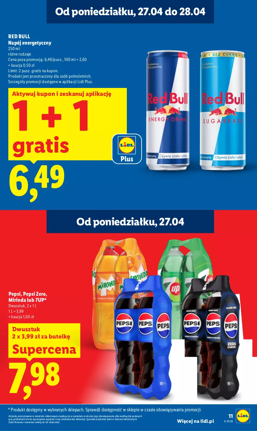 Gazetka promocyjna Lidl - Gazetka ważna od 27.04 do 28.04 - ważna 27.04 do 28.04.2026 - strona 11 - produkty: 7up, Gra, Mirinda, Napój, Napój energetyczny, Pepsi, Red Bull