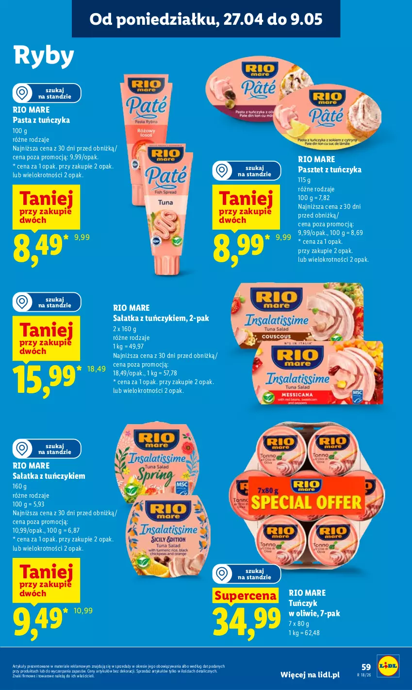 Gazetka promocyjna Lidl - Gazetka ważna od 27.04 do 28.04 - ważna 27.04 do 28.04.2026 - strona 59 - produkty: Pasztet, Rio Mare, Sałat, Sałatka, Tuńczyk
