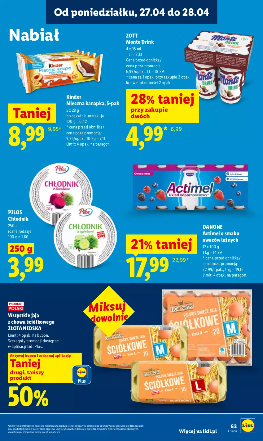 Gazetka promocyjna Lidl - Gazetka ważna od 27.04 do 28.04 - ważna 27.04 do 28.04.2026 - strona 63 - produkty: Actimel, Danone, Jaja, Kinder, Mleczna kanapka, Monte, Pilos, Zott