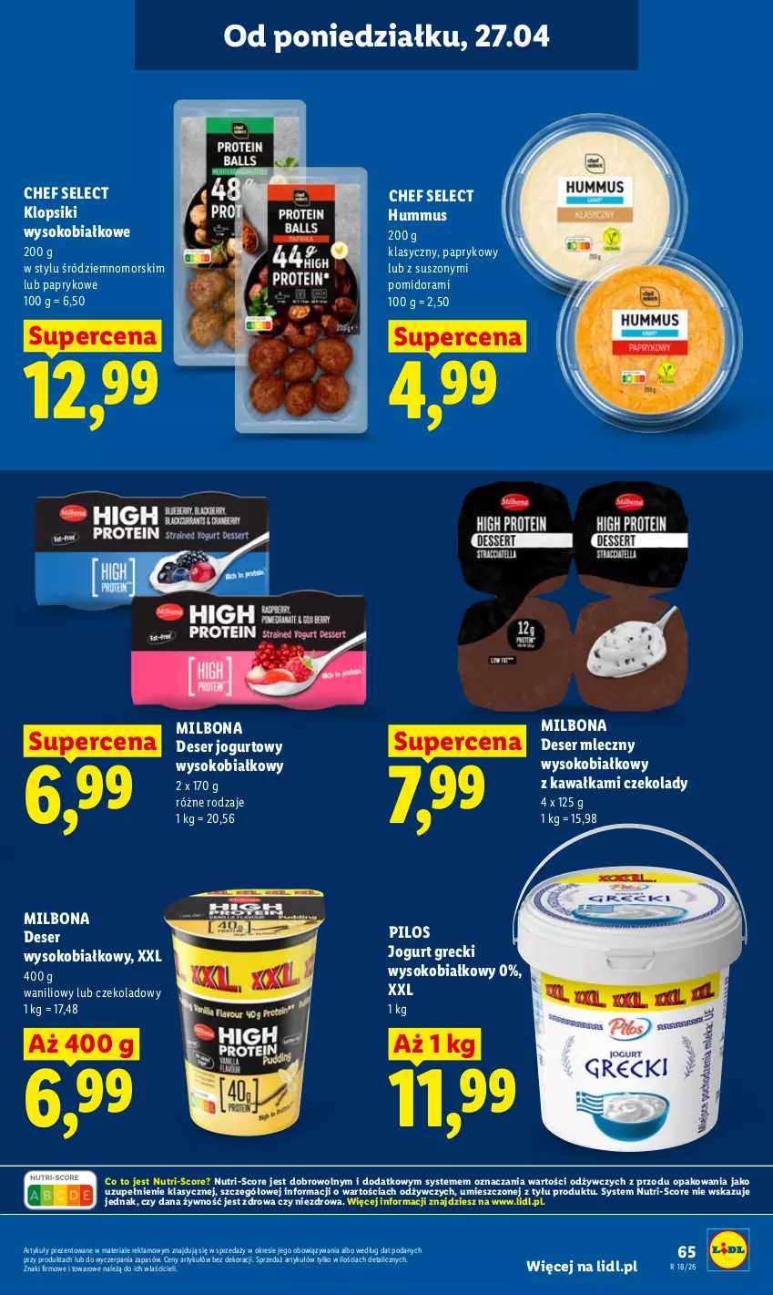 Gazetka promocyjna Lidl - Gazetka ważna od 27.04 do 28.04 - ważna 27.04 do 28.04.2026 - strona 65 - produkty: Deser, Deser mleczny, Hummus, Jogurt, Kawa, Klopsiki, Mus, Pilos, Ser, Sok