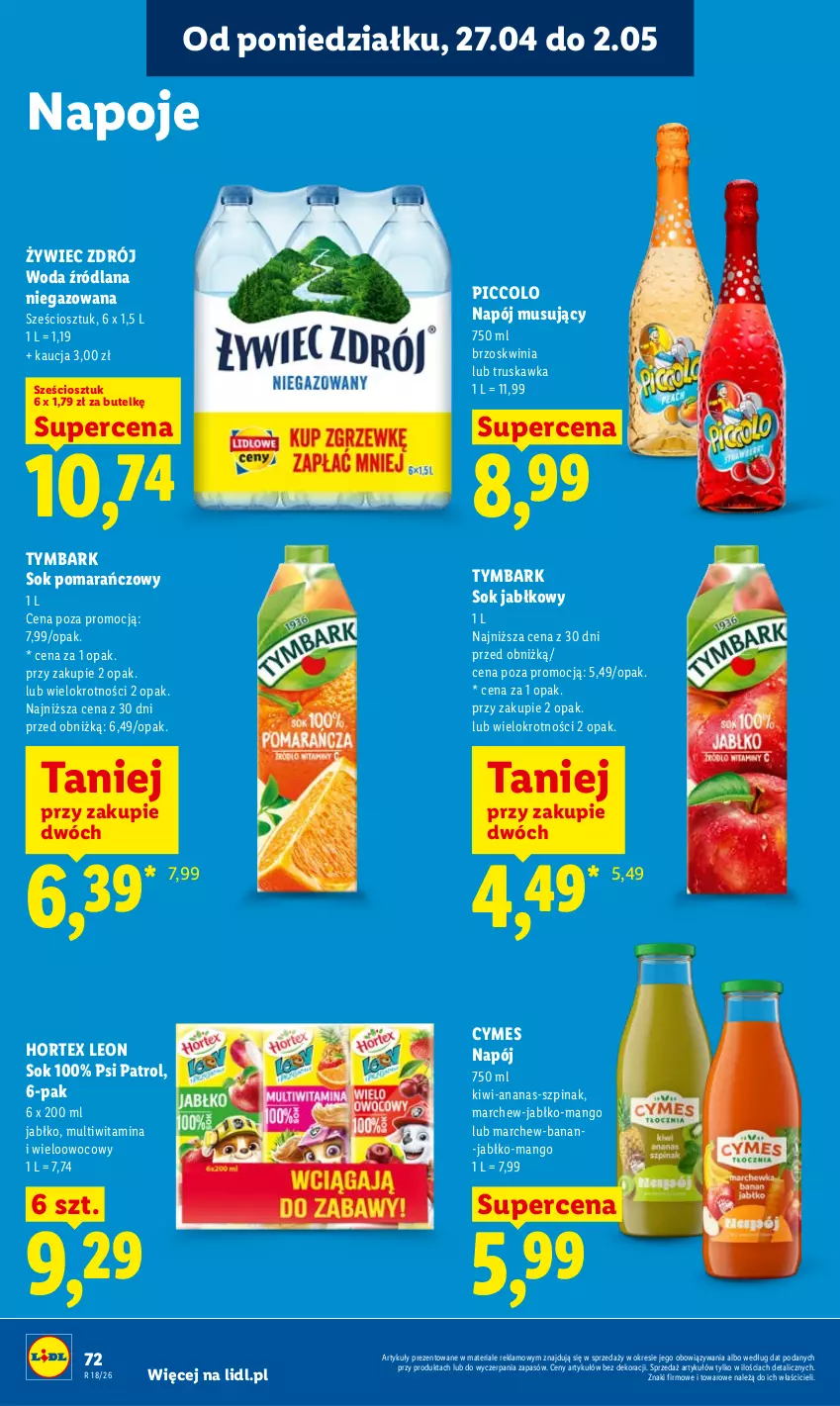 Gazetka promocyjna Lidl - Gazetka ważna od 27.04 do 28.04 - ważna 27.04 do 28.04.2026 - strona 72 - produkty: Ananas, Hortex, Kiwi, LANA, Leon, Mango, Mus, Napój, Napój musujący, Napoje, Psi Patrol, Sok, Sok jabłkowy, Sok pomarańczowy, Szpinak, Tymbark, Woda