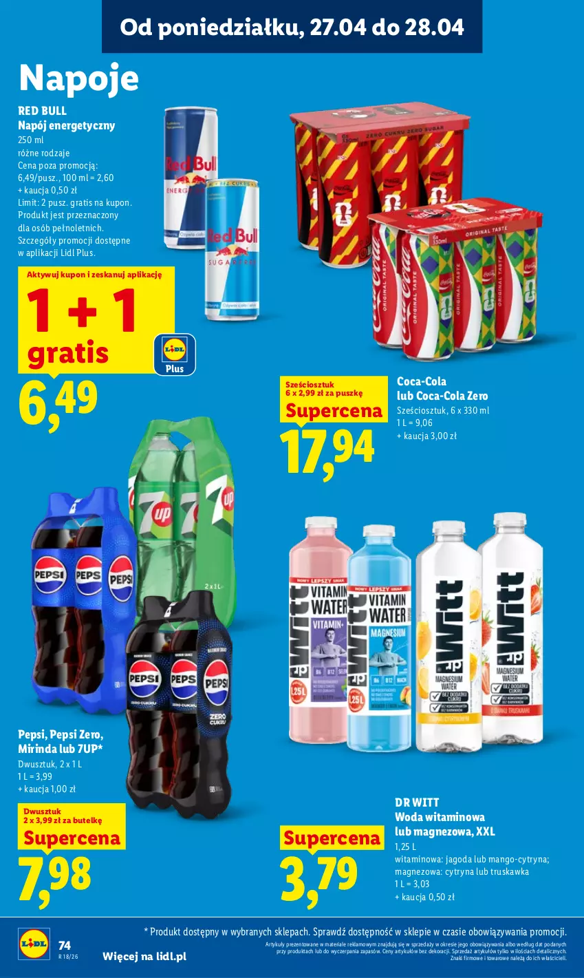 Gazetka promocyjna Lidl - Gazetka ważna od 27.04 do 28.04 - ważna 27.04 do 28.04.2026 - strona 74 - produkty: 7up, Coca-Cola, Gra, Magnez, Mango, Mirinda, Napój, Napój energetyczny, Napoje, Pepsi, Red Bull, Woda