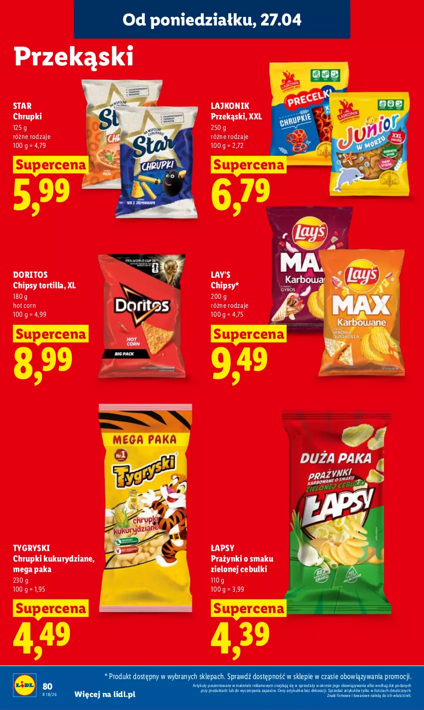 Gazetka promocyjna Lidl - Gazetka ważna od 27.04 do 28.04 - ważna 27.04 do 28.04.2026 - strona 80 - produkty: Chipsy, Chrupki, Gry, Lajkonik, Lay’s, Tortilla