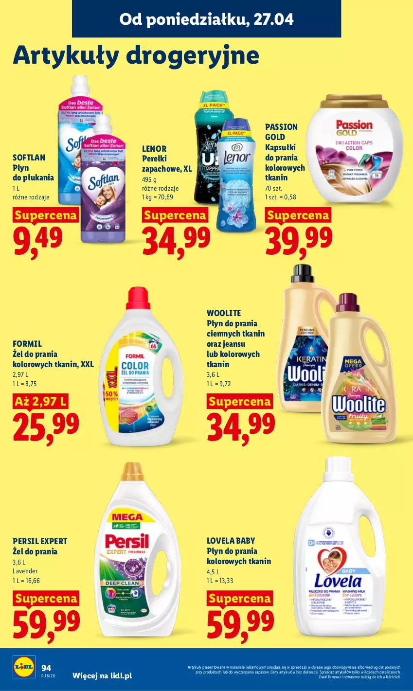Gazetka promocyjna Lidl - Gazetka ważna od 27.04 do 28.04 - ważna 27.04 do 28.04.2026 - strona 94 - produkty: Kapsułki do prania, Lenor, Lovela, Perełki zapachowe, Persil, Płyn do płukania, Płyn do prania, Woolite