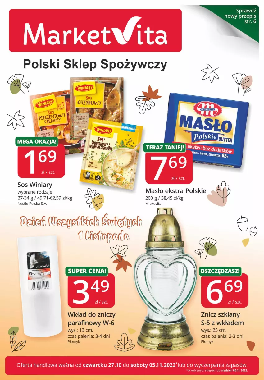 Gazetka promocyjna Market Vita - Gazetka promocyjna – Marketvita - ważna 27.10 do 05.11.2022 - strona 1 - produkty: Masło, Mleko, Mlekovita, Sos, Winiary, Znicz