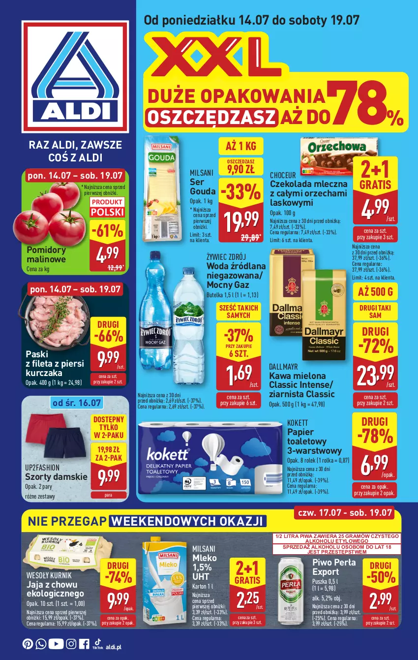 Gazetka promocyjna Aldi - Pełna oferta - ważna 14.07 do 19.07.2025 - strona 1 - produkty: Czekolada, Czekolada mleczna, Dallmayr, Fa, Gouda, Gra, Jaja, Kawa, Kawa mielona, Kurczak, LANA, Mleko, Papier, Papier toaletowy, Perła, Piwa, Piwo, Pomidory, Por, Ser, Szorty, Woda