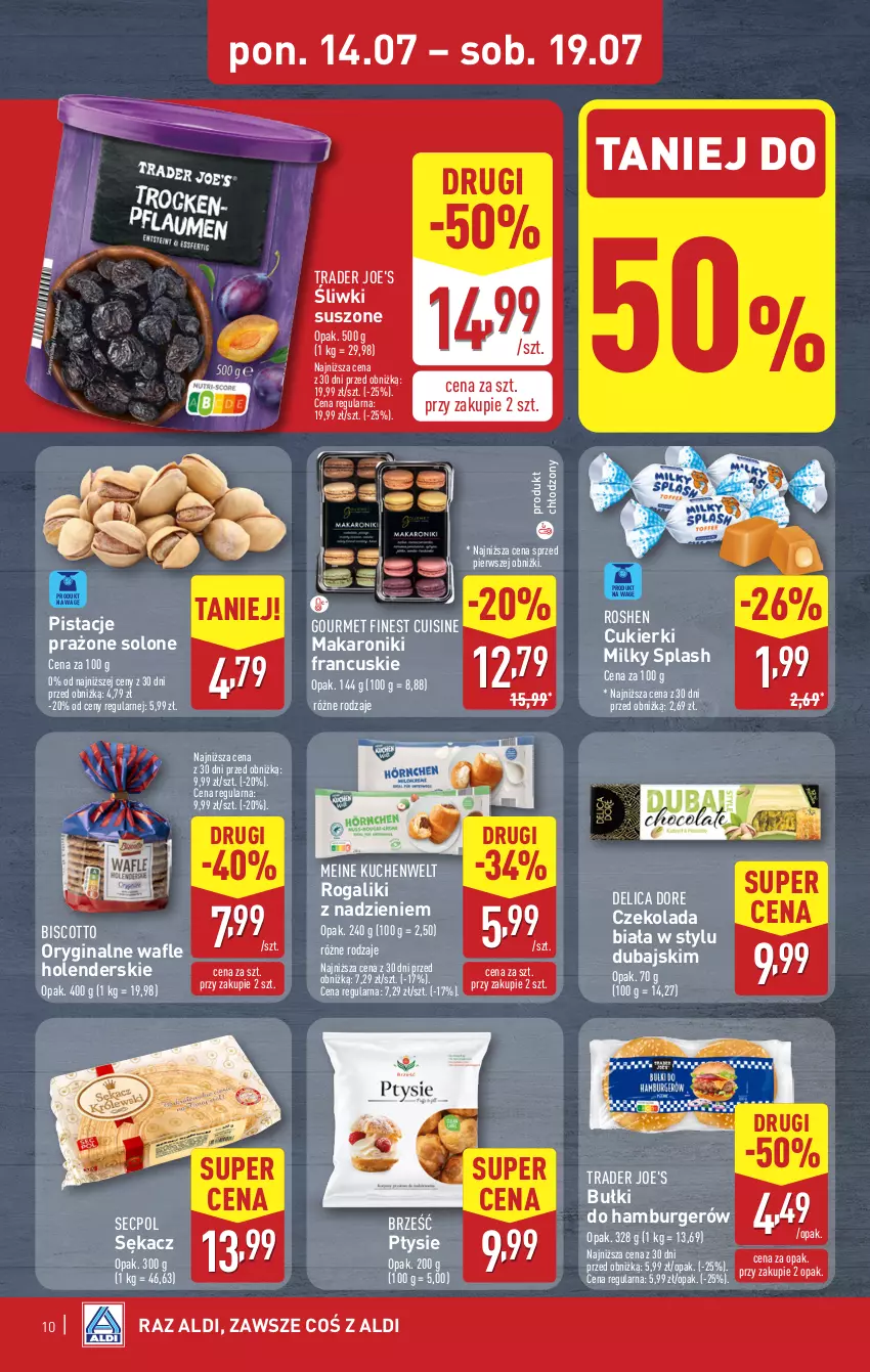 Gazetka promocyjna Aldi - Pełna oferta - ważna 14.07 do 19.07.2025 - strona 10 - produkty: Burger, Cukier, Cukierki, Czekolada, Gin, Hamburger, Makaron, Pistacje, Rogal, Sękacz, Wafle