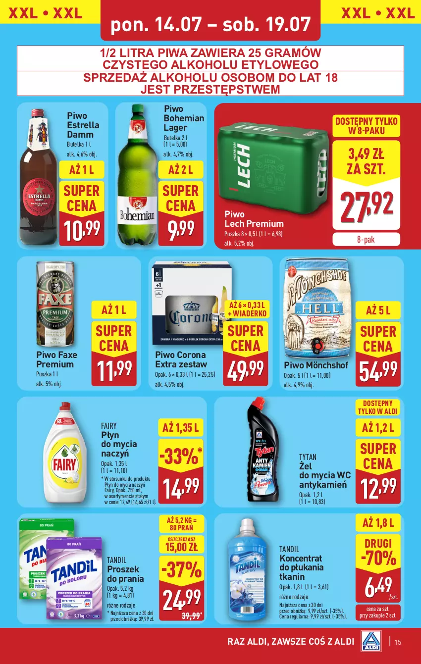 Gazetka promocyjna Aldi - Pełna oferta - ważna 14.07 do 19.07.2025 - strona 15 - produkty: Corona Extra, Do mycia naczyń, Fa, Fairy, Gra, Lech Premium, Piwa, Piwo, Płyn do mycia, Płyn do mycia naczyń, Proszek do prania, Tytan