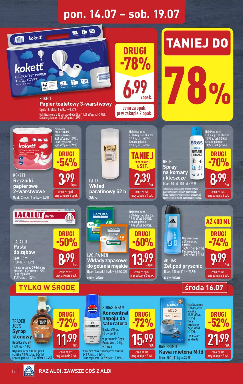 Gazetka promocyjna Aldi - Pełna oferta - ważna 14.07 do 19.07.2025 - strona 18 - produkty: Adidas, Kawa, Kawa mielona, Lacalut, Mirinda, Papier, Papier toaletowy, Pasta do zębów, Pepsi, Ręcznik, Ręczniki papierowe, Rolki, Syrop