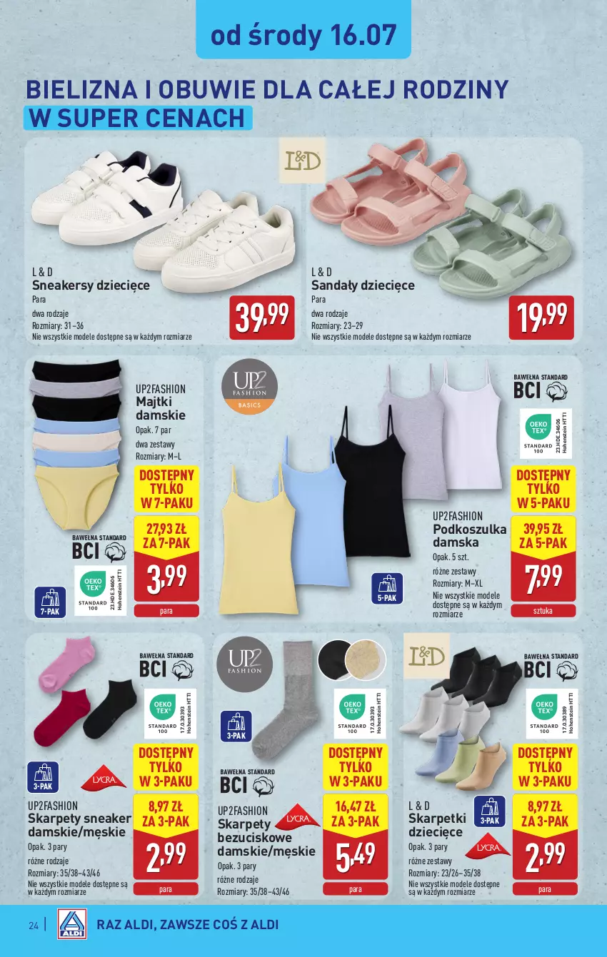 Gazetka promocyjna Aldi - Pełna oferta - ważna 14.07 do 19.07.2025 - strona 24 - produkty: Bielizna, Dzieci, Fa, Karp, Kosz, Koszulka, Majtki, Obuwie, Sandał, Skarpetki, Sneakersy