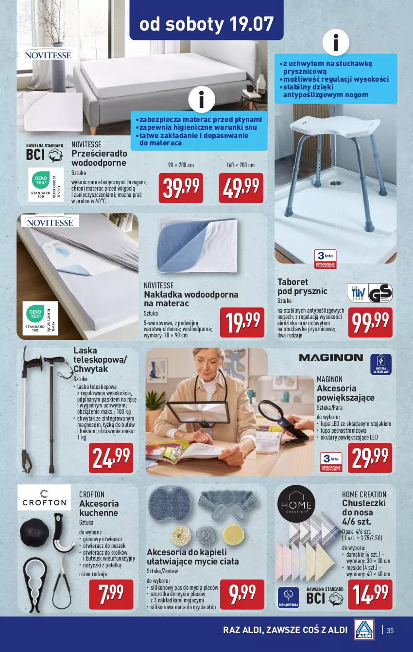 Gazetka promocyjna Aldi - Pełna oferta - ważna 14.07 do 19.07.2025 - strona 35 - produkty: Bateria, Chusteczki, Gin, LG, Materac, Noż, Nożyczki, Otwieracz, Piec, Por, Prześcieradło, Sok, Stojak, Szczotka, Taboret, Teleskop, Tera, Wełna