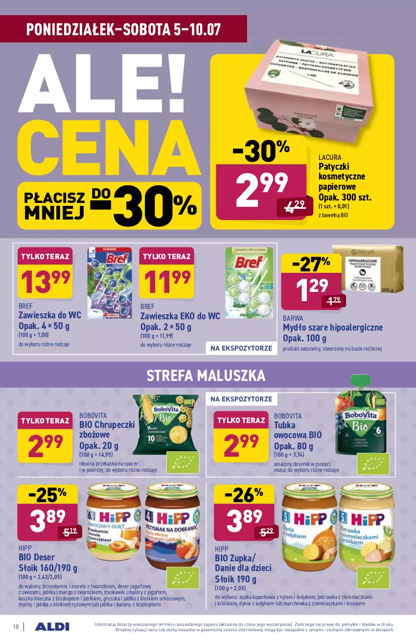 Gazetka promocyjna Aldi - ważna 05.07 do 10.07.2021 - strona 18 - produkty: Acer, Banany, BoboVita, Bref, Brzoskwinie, Danie dla dzieci, Deser, Dzieci, Fa, HiPP, Jabłka, Jogurt, Królik, Maliny, Mango, Marchewka, Mus, Mydło, Papier, Patyczki kosmetyczne, Ryż, Ser, Serek, Sos, Tera, Truskawki, Zawieszka do wc