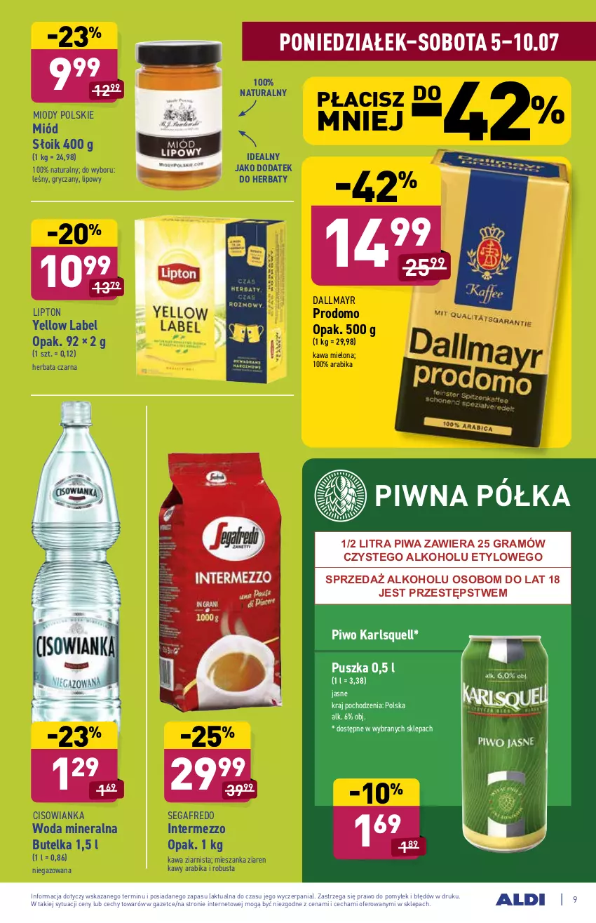 Gazetka promocyjna Aldi - ważna 05.07 do 10.07.2021 - strona 9 - produkty: Cisowianka, Dallmayr, Gra, Gry, Herbata, Herbata czarna, Karlsquell, Kawa, Kawa mielona, Kawa ziarnista, Lipton, Miód, Piwa, Piwo, Półka, Segafredo, Woda, Woda mineralna