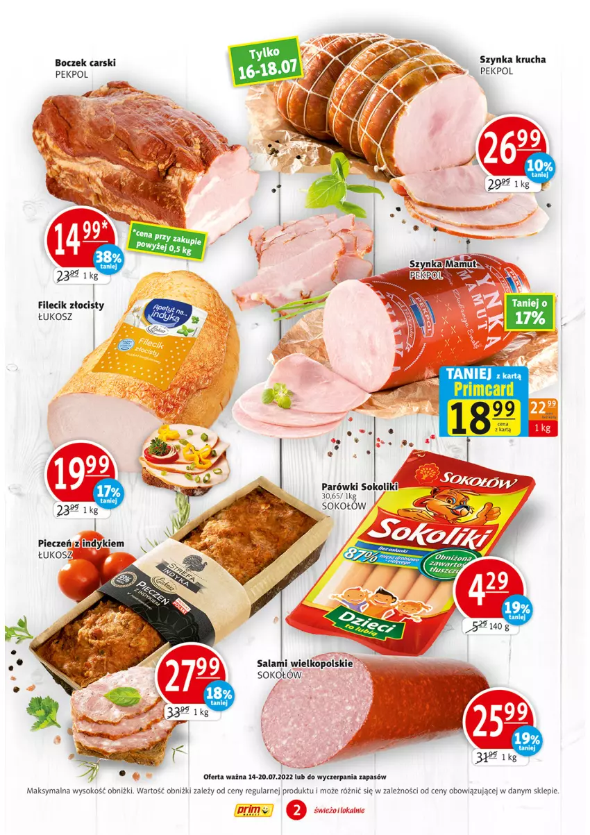 Gazetka promocyjna Prim Market - ważna 14.07 do 20.07.2022 - strona 2 - produkty: Boczek, Cars, Kosz, Parówki, Parówki sokoliki, Pekpol, Piec, Salami, Sok, Sokołów, Szynka