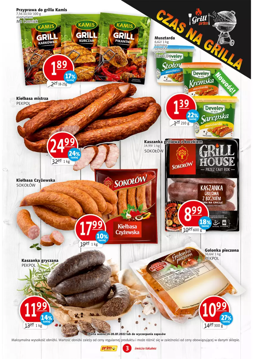 Gazetka promocyjna Prim Market - ważna 14.07 do 20.07.2022 - strona 3 - produkty: Golonka pieczona, Grill, Kamis, Kiełbasa, Mus, Musztarda, Pekpol, Piec, Sok, Sokołów