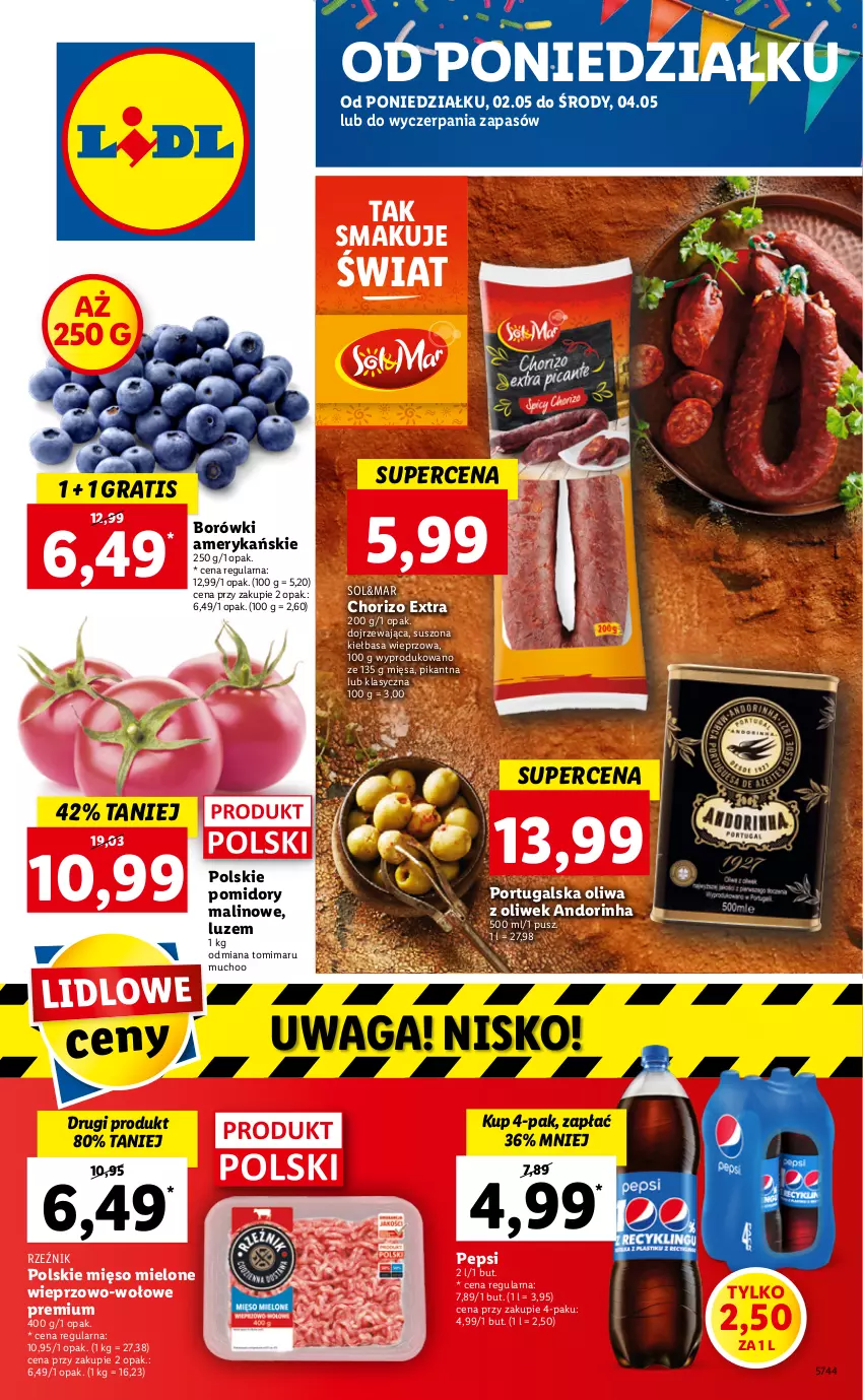 Gazetka promocyjna Lidl - GAZETKA - ważna 02.05 do 05.05.2022 - strona 1 - produkty: Gra, Kiełbasa, Mięso, Mięso mielone, Oliwa z oliwek, Pepsi, Pomidory, Por, Waga