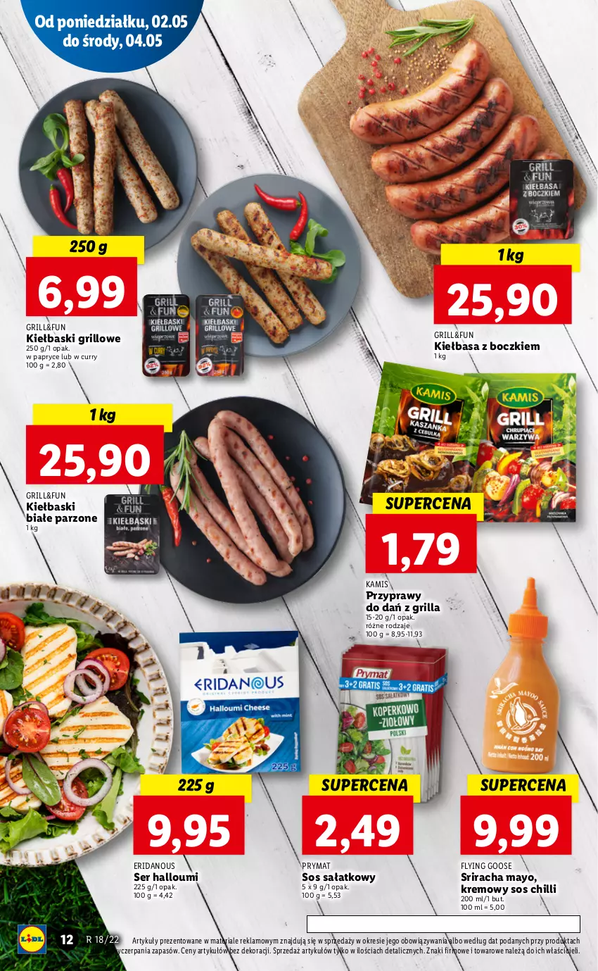 Gazetka promocyjna Lidl - GAZETKA - ważna 02.05 do 05.05.2022 - strona 12 - produkty: Grill, Kamis, Kiełbasa, Kiełbaski białe, Prymat, Przyprawy, Sałat, Ser, Sos, Sos chilli