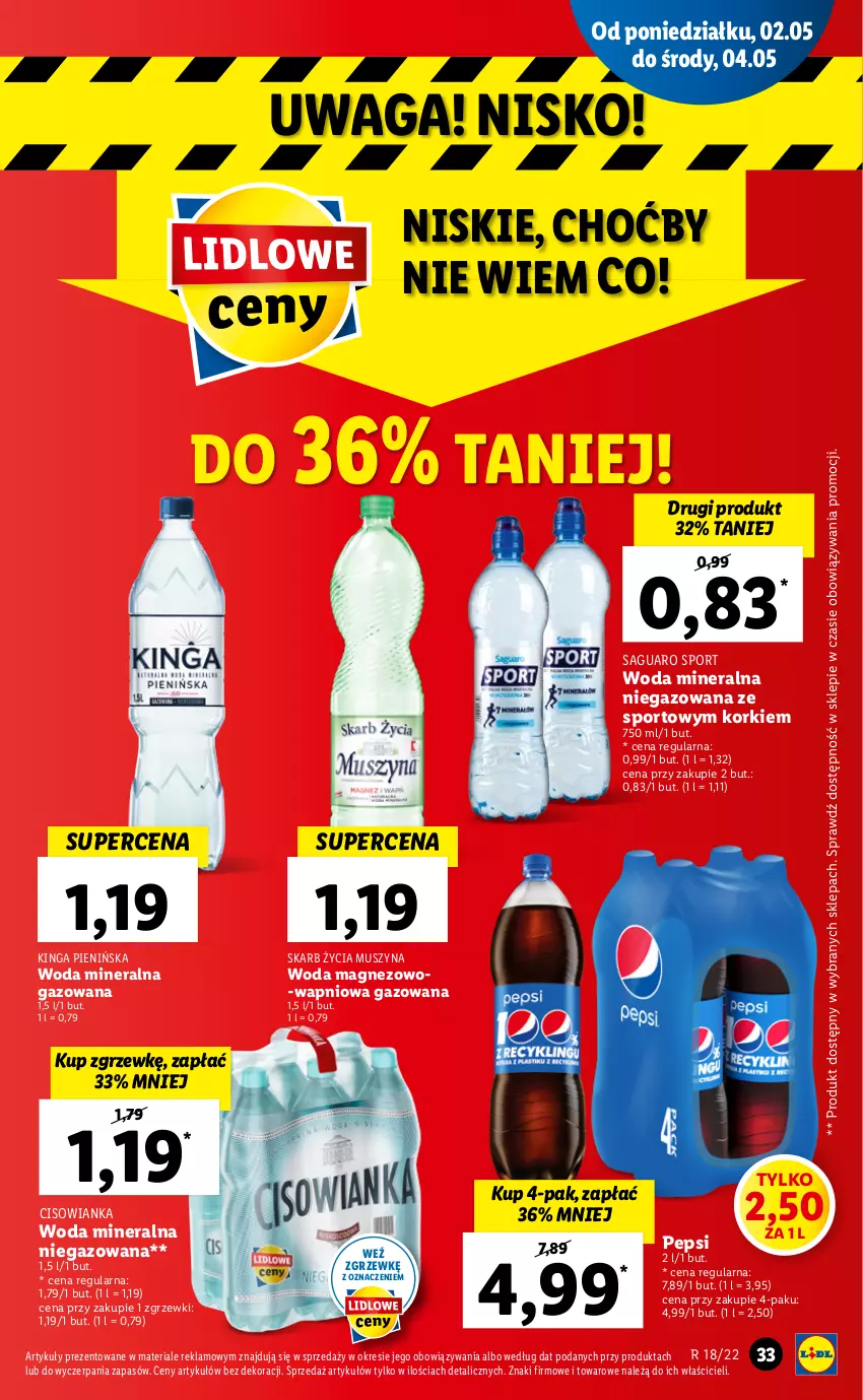 Gazetka promocyjna Lidl - GAZETKA - ważna 02.05 do 05.05.2022 - strona 33 - produkty: Cisowianka, Magnez, Mus, Pepsi, Por, Sport, Szyna, Waga, Woda, Woda mineralna