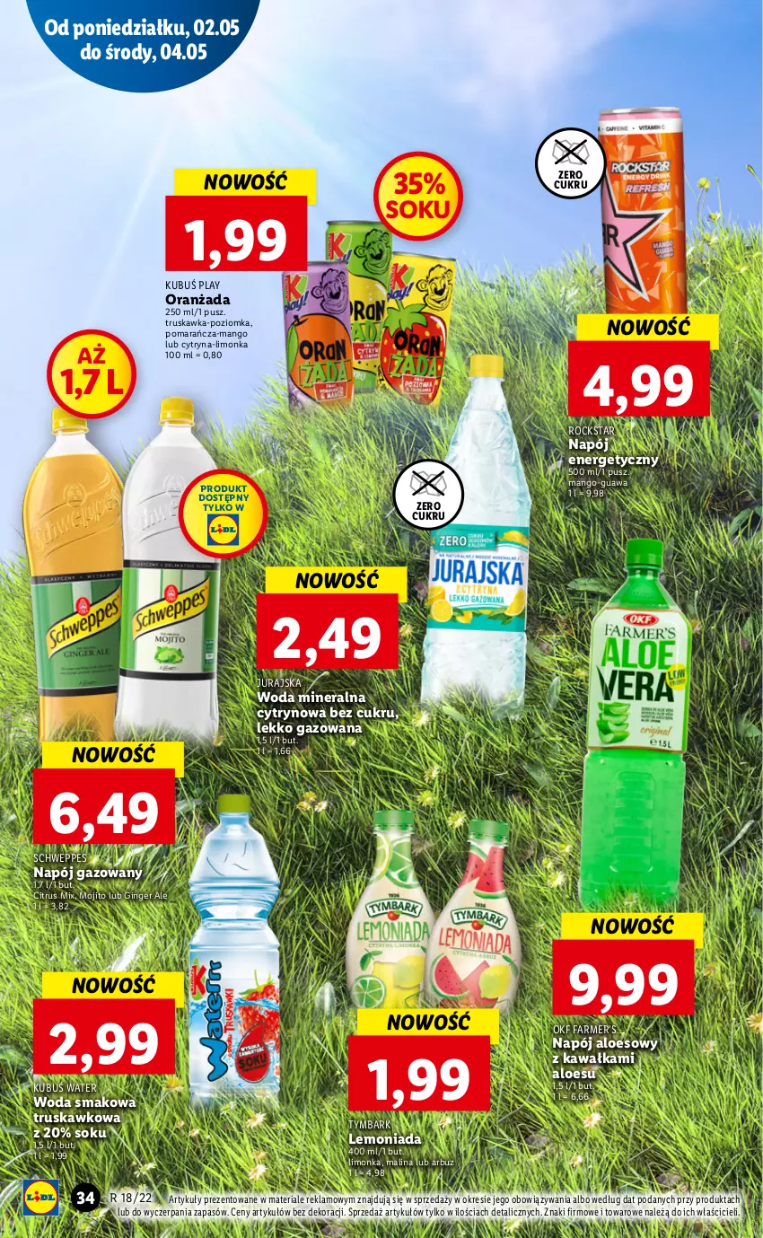 Gazetka promocyjna Lidl - GAZETKA - ważna 02.05 do 05.05.2022 - strona 34 - produkty: Arbuz, Fa, Gin, Kawa, Kubuś, Lemoniada, Limonka, Mango, Napój, Napój energetyczny, Napój gazowany, Oranżada, Schweppes, Sok, Tymbark, Woda, Woda mineralna