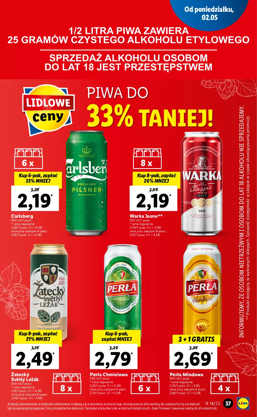 Gazetka promocyjna Lidl - GAZETKA - ważna 02.05 do 05.05.2022 - strona 37 - produkty: Carlsberg, Gra, Perła, Piwa, Warka