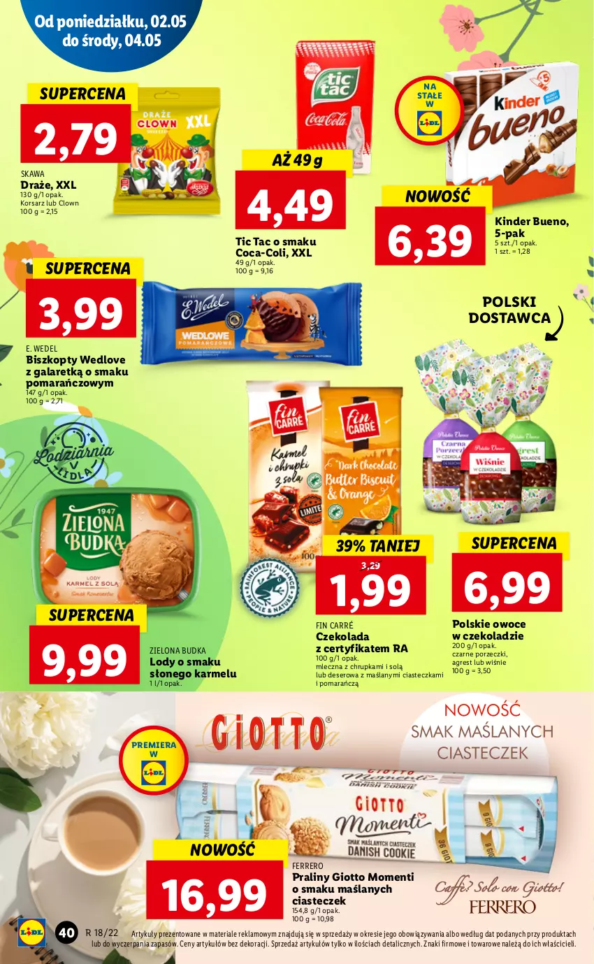 Gazetka promocyjna Lidl - GAZETKA - ważna 02.05 do 05.05.2022 - strona 40 - produkty: Biszkopty, Czekolada, Deser, E. Wedel, Ferrero, Gala, Gres, Kawa, Kinder, Kinder Bueno, Lody, Owoce, Por, Praliny, Ser, Zielona Budka