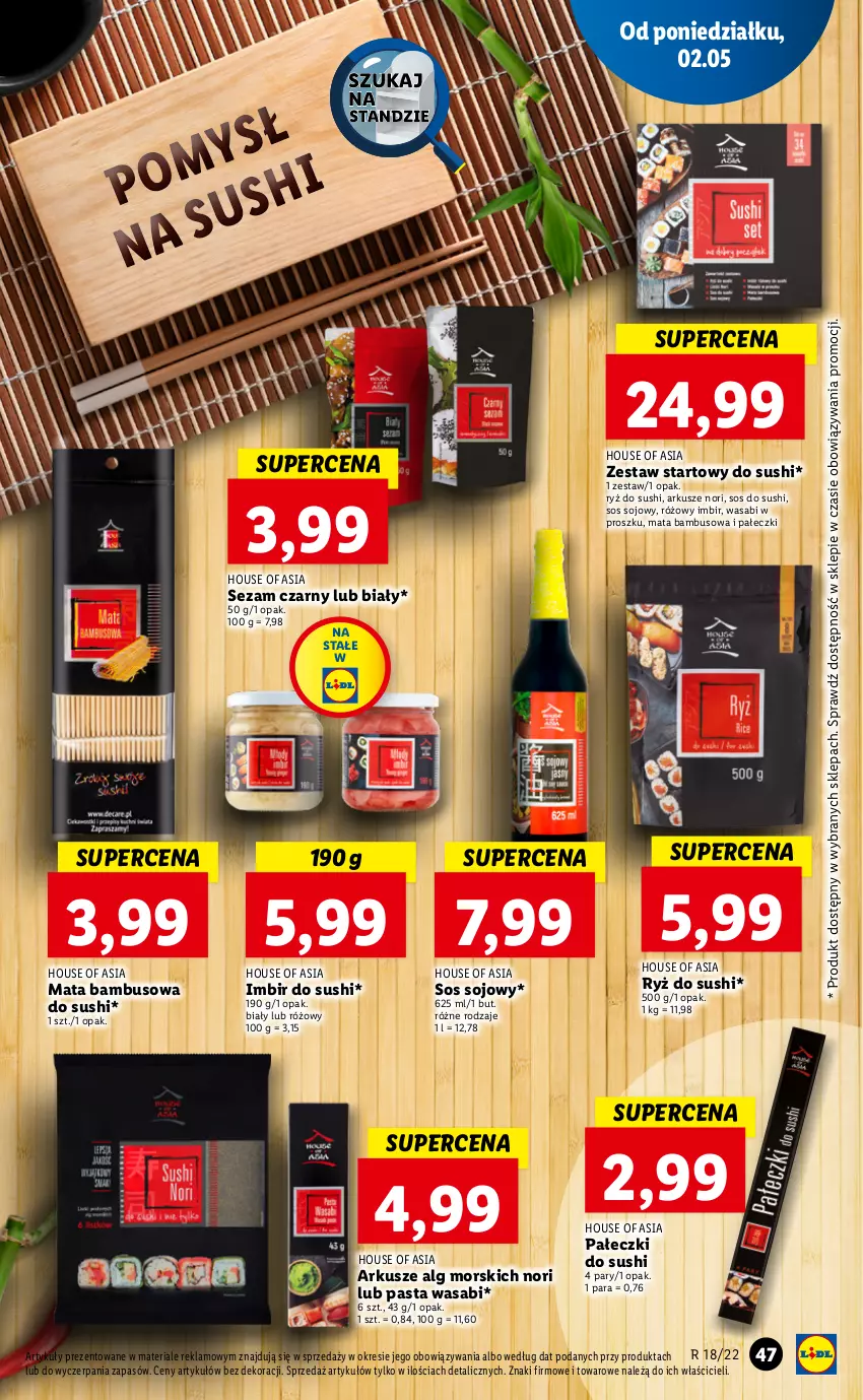 Gazetka promocyjna Lidl - GAZETKA - ważna 02.05 do 05.05.2022 - strona 47 - produkty: House of Asia, Imbir, LG, Mata bambusowa, Mus, Pasta wasabi, Ryż, Ryż do sushi, Sezam, Sos, Sos sojowy, Sushi, Wasa