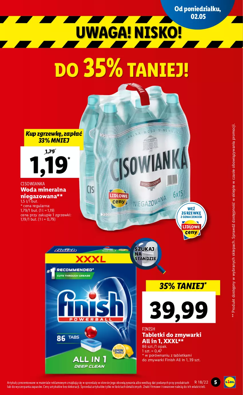 Gazetka promocyjna Lidl - GAZETKA - ważna 02.05 do 05.05.2022 - strona 5 - produkty: Cisowianka, Finish, Por, Tablet, Tabletki do zmywarki, Waga, Woda, Woda mineralna, Zmywarki