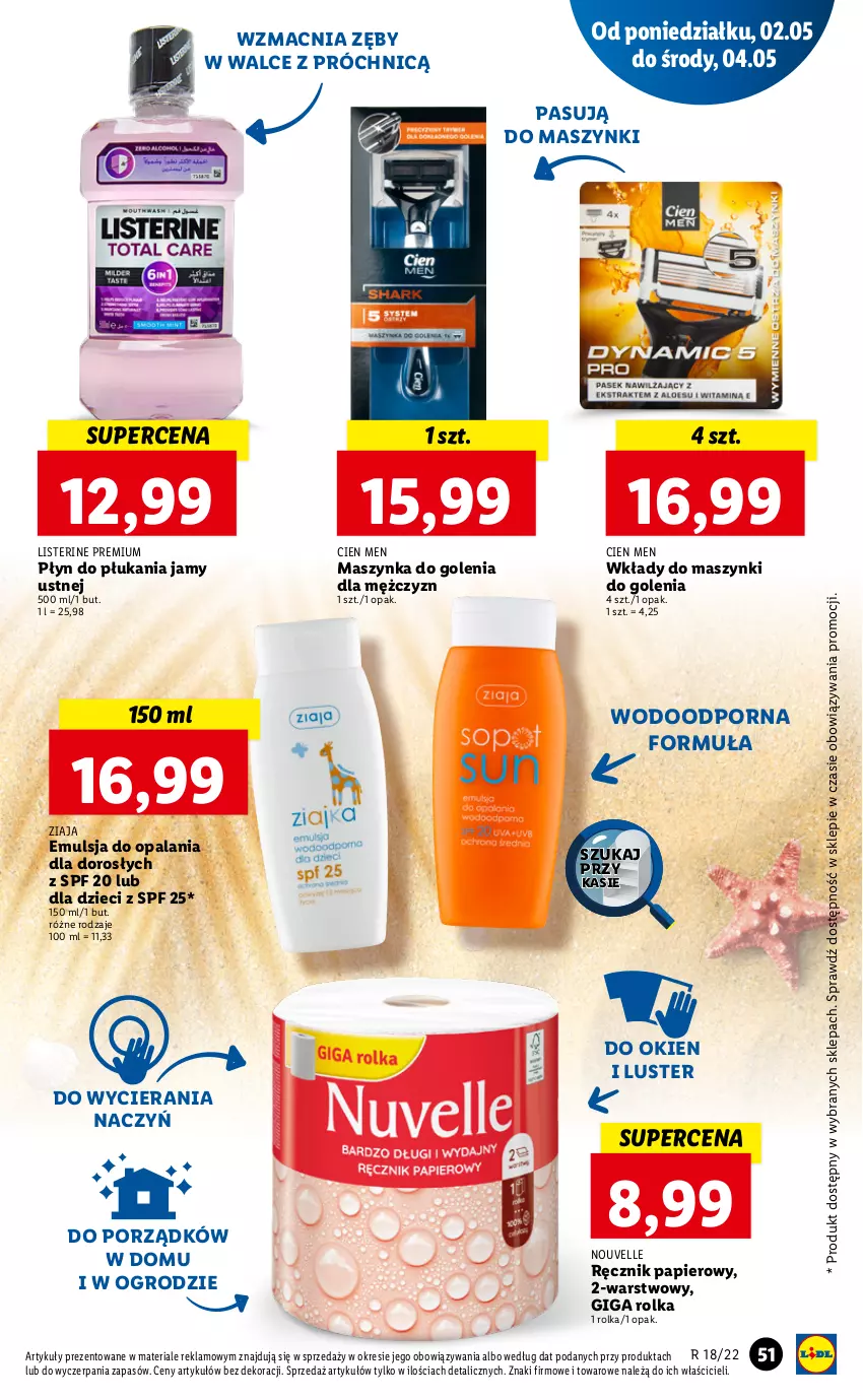 Gazetka promocyjna Lidl - GAZETKA - ważna 02.05 do 05.05.2022 - strona 51 - produkty: Dzieci, Emulsja, Listerine, Maszynka, Maszynka do golenia, Papier, Płyn do płukania, Płyn do płukania jamy ustnej, Por, Ręcznik, Szynka, Ziaja