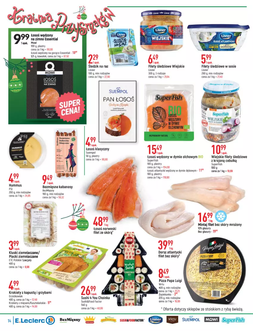 Gazetka promocyjna E Leclerc - ważna 23.11 do 04.12.2021 - strona 14 - produkty: Choinka, Dorsz, Fa, Hummus, Inka, Kabanos, Kapustą, Kawa, Krokiety, Lack, Lazur, Lisner, Mintaj, Mus, Pax, Pizza, Por, Sos, Suempol, Sushi, Virtu, Wałek