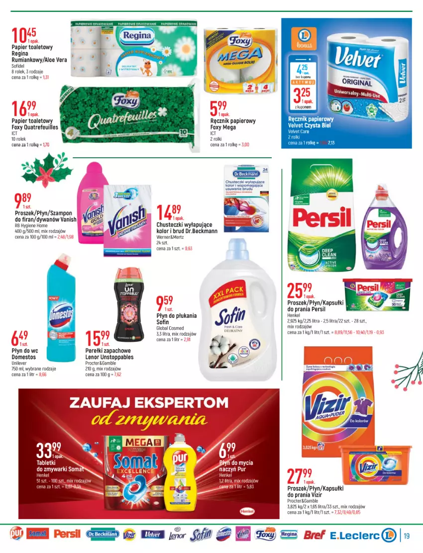 Gazetka promocyjna E Leclerc - ważna 23.11 do 04.12.2021 - strona 19 - produkty: Aloe vera, Chusteczki, Domestos, Dywan, Foxy, Gin, Kapsułki do prania, Lenor, Papier, Papier toaletowy, Perełki zapachowe, Persil, Płyn do płukania, Płyn do wc, Ręcznik, Rolki, Rum, Stopp, Szampon, Top, Vanish, Velvet, Vizir