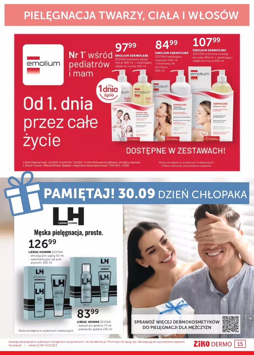 Gazetka promocyjna Ziko - Gazetka Ziko Dermo - ważna 21.09 do 04.10.2023 - strona 15 - produkty: Balsam po goleniu, Emolium, Emulsja, Gin, Lierac, Mięta, Olej, Pianka do golenia, Szampon