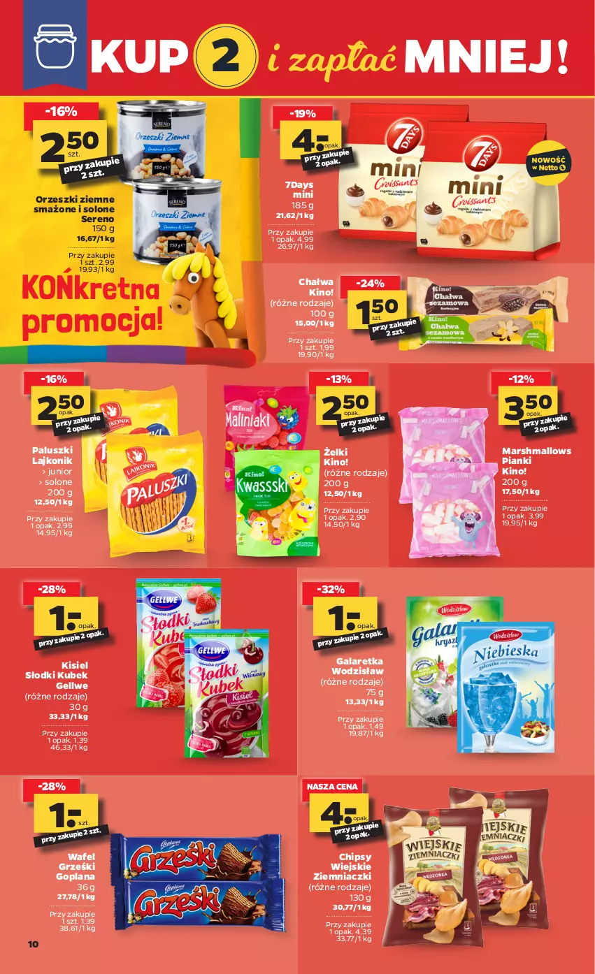 Gazetka promocyjna Netto - Gazetka spożywcza - ważna 19.04 do 25.04.2021 - strona 10 - produkty: Chałwa, Chipsy, Gala, Galaretka, Goplana, Grześki, Kisiel, Kubek, Lajkonik, LANA, Mars, Marshmallows, Orzeszki, Orzeszki ziemne, Ser