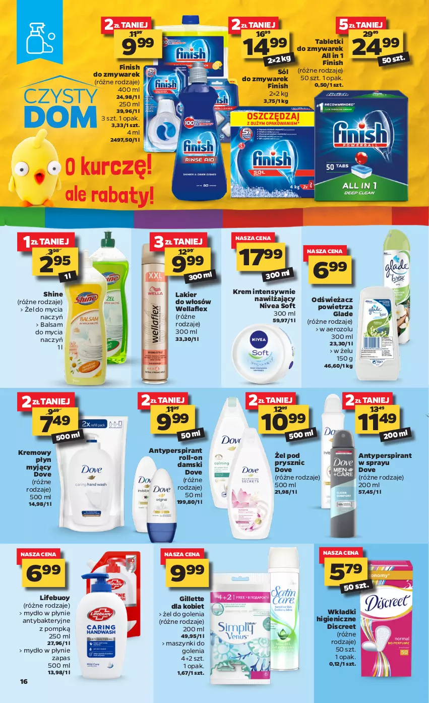 Gazetka promocyjna Netto - Gazetka spożywcza - ważna 19.04 do 25.04.2021 - strona 16 - produkty: Antyperspirant, Balsam do mycia naczyń, Discreet, Do mycia naczyń, Dove, Finish, Gillette, Lakier, Lakier do włosów, Mydło, Mydło w płynie, Nivea, Odświeżacz powietrza, Sól, Tablet, Wella, Wellaflex, Wkładki