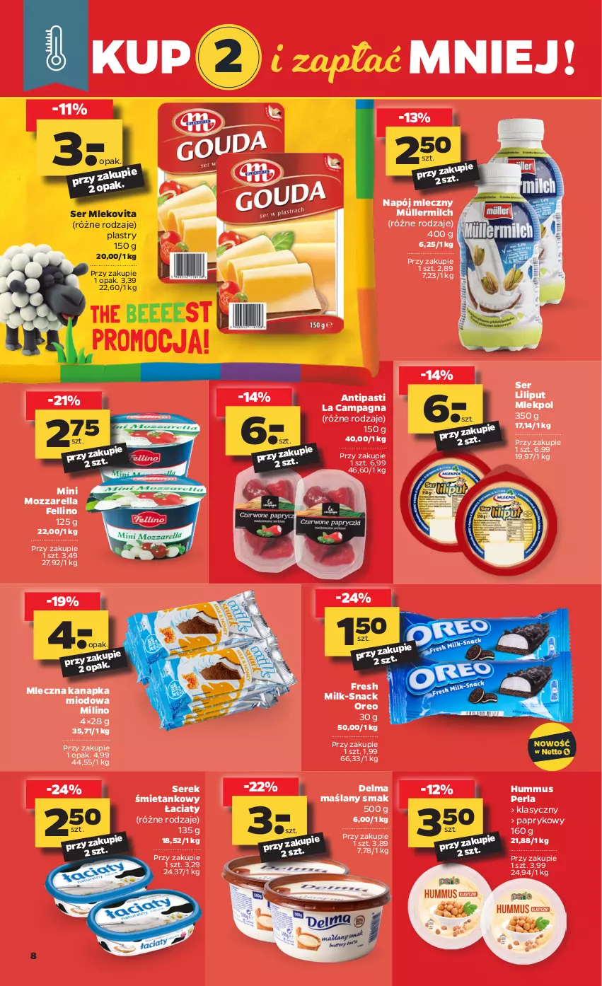 Gazetka promocyjna Netto - Gazetka spożywcza - ważna 19.04 do 25.04.2021 - strona 8 - produkty: Delma, Hummus, Mleczna kanapka, Mleko, Mlekovita, Mozzarella, Müller, Müllermilch, Mus, Napój, Napój mleczny, Oreo, Ser, Serek