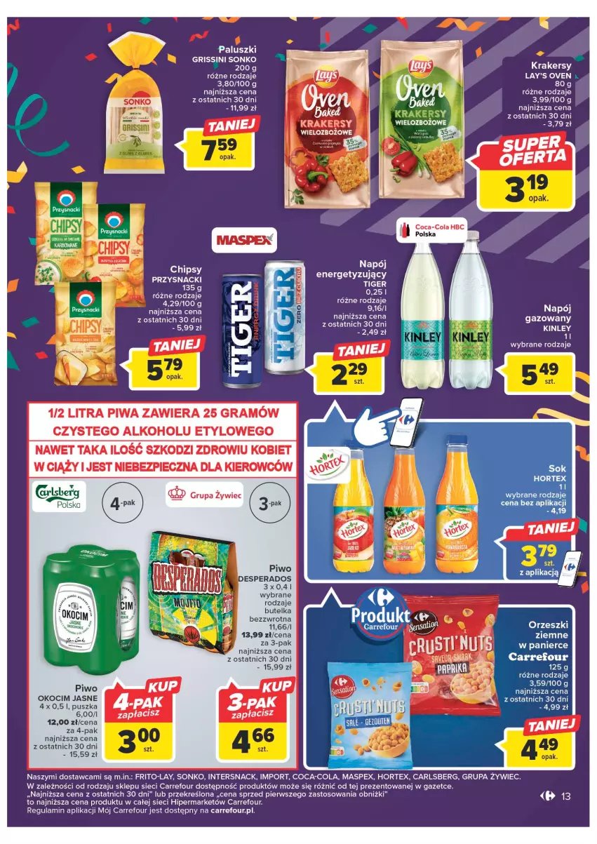 Gazetka promocyjna Carrefour - Gazetka Carrefour - ważna 07.02 do 18.02.2023 - strona 15 - produkty: Carlsberg, Chipsy, Coca-Cola, Desperados, Gra, Grissini, Hortex, Koc, LG, Napój, Okocim, Orzeszki, Orzeszki ziemne, Piec, Piwa, Piwo, Por, Przysnacki, Sonko, Tiger