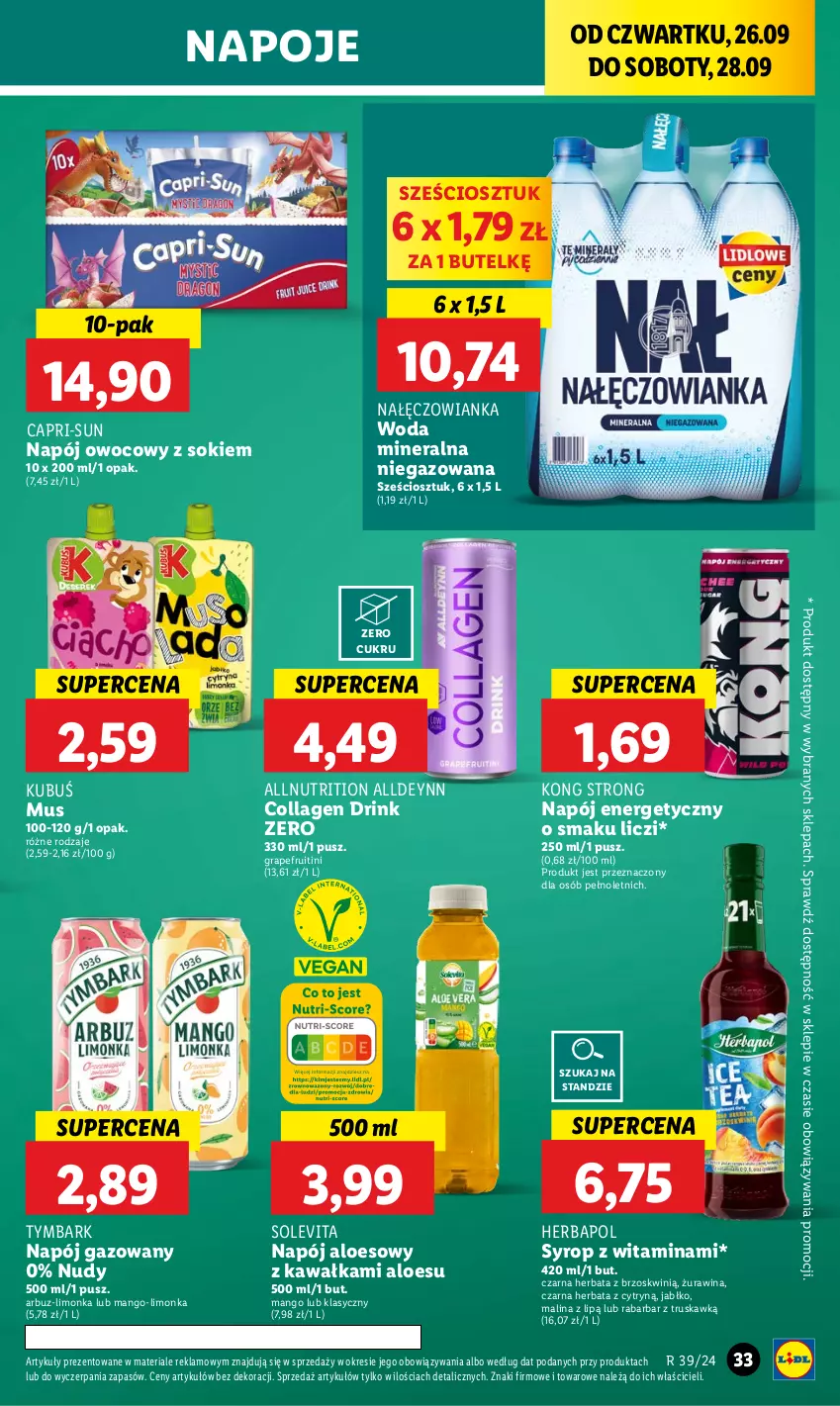 Gazetka promocyjna Lidl - GAZETKA - ważna 26.09 do 28.09.2024 - strona 39 - produkty: Arbuz, Gra, Herbapol, Herbata, Kawa, Kubuś, Liczi, Limonka, Mango, Mus, Nałęczowianka, Napój, Napój energetyczny, Napój gazowany, Napoje, Sok, Syrop, Tymbark, Woda, Woda mineralna