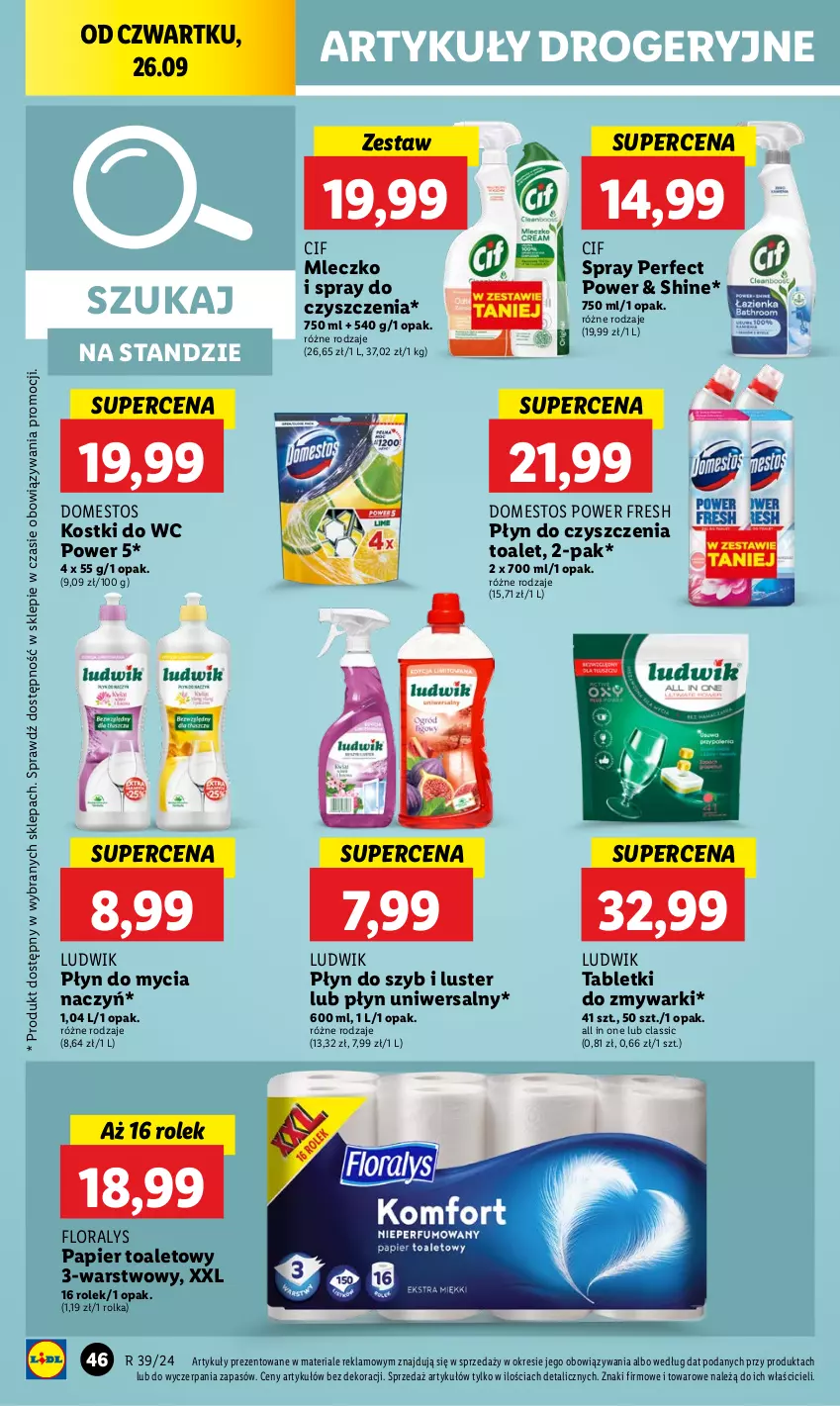 Gazetka promocyjna Lidl - GAZETKA - ważna 26.09 do 28.09.2024 - strona 52 - produkty: Cif, Do mycia naczyń, Domestos, Flora, Ludwik, Mleczko, Papier, Papier toaletowy, Płyn do mycia, Płyn do mycia naczyń, Płyn do szyb, Spray do czyszczenia, Tablet, Tabletki do zmywarki, Zmywarki