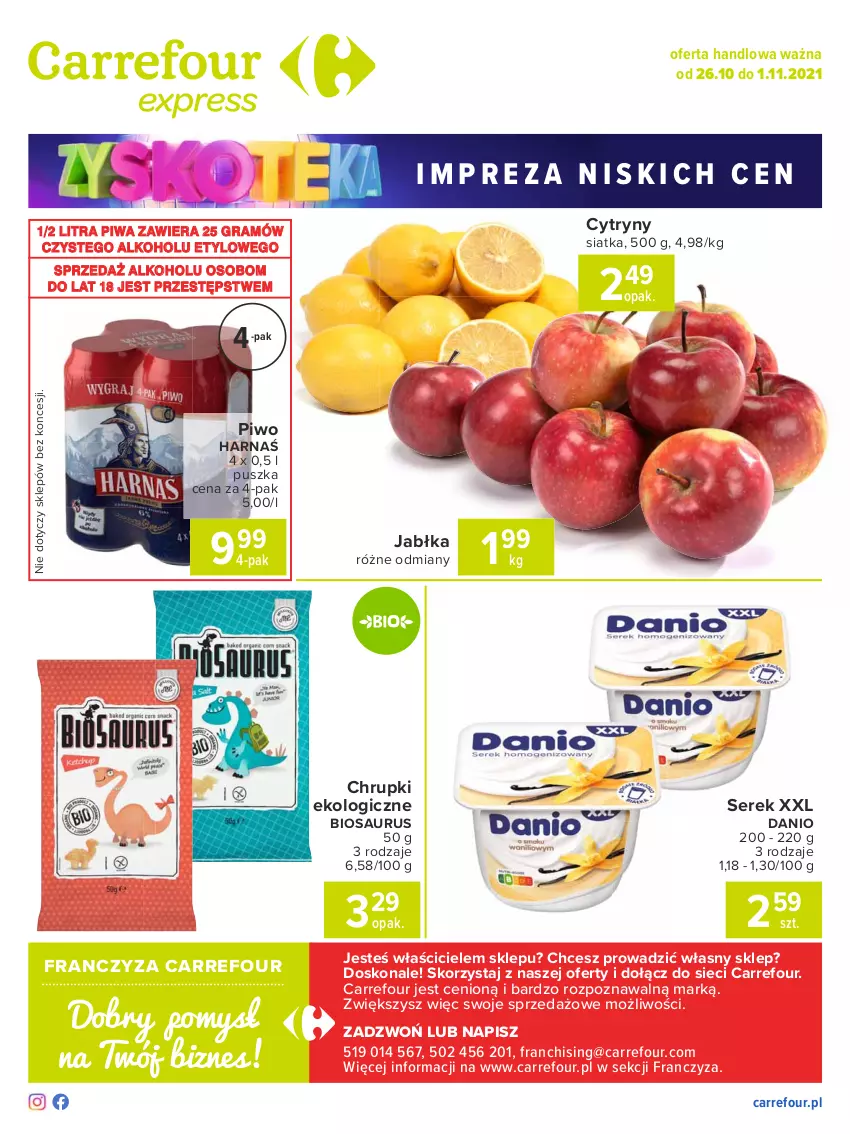 Gazetka promocyjna Carrefour - Gazetka Express - ważna 26.10 do 01.11.2021 - strona 2 - produkty: Chrupki, Cytryny, Danio, Gra, Harnaś, Jabłka, Piwa, Piwo, Ser, Serek, Siatka