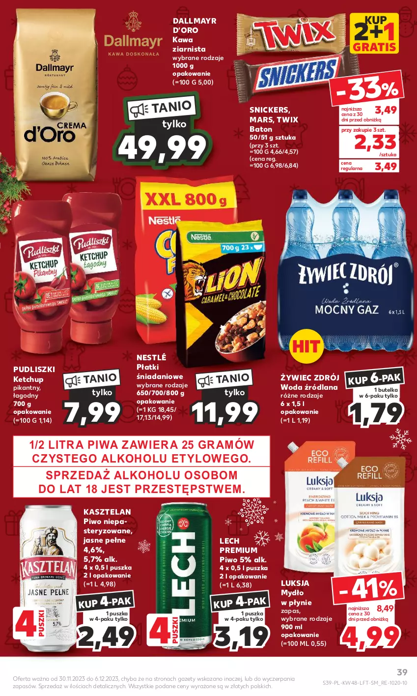 Gazetka promocyjna Kaufland - Gazetka tygodnia - ważna 30.11 do 06.12.2023 - strona 39 - produkty: Baton, Dallmayr, Danio, Gra, Kasztelan, Kawa, Kawa ziarnista, Ketchup, LANA, Lech Premium, Luksja, Mars, Mydło, Mydło w płynie, Nestlé, Piwa, Piwo, Pudliszki, Snickers, Twix, Woda