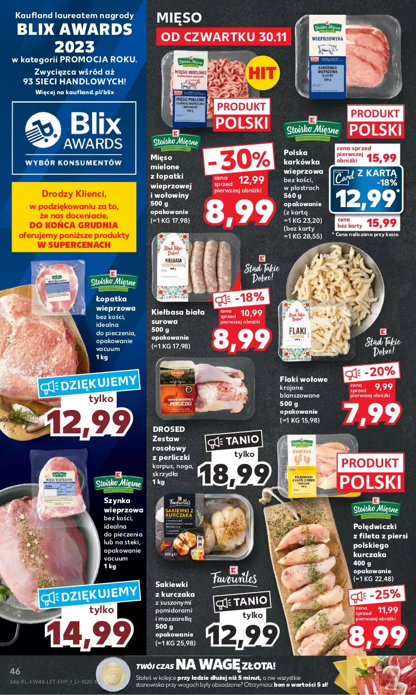 Gazetka promocyjna Kaufland - Gazetka tygodnia - ważna 30.11 do 06.12.2023 - strona 46 - produkty: Flaki, Flaki wołowe, Karkówka wieprzowa, Kiełbasa, Kiełbasa biała, Kurczak, Laur, Mięso, Mięso mielone, Mięso mielone z łopatki wieprzowej, Olej, Piec, Stek, Szynka, Szynka wieprzowa, Waga