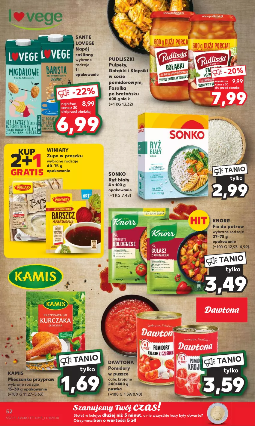 Gazetka promocyjna Kaufland - Gazetka tygodnia - ważna 30.11 do 06.12.2023 - strona 52 - produkty: Dawtona, Fa, Gra, Kamis, Klopsiki, Knorr, Napój, Napój roślinny, Olej, Pomidory, Pudliszki, Pulpety, Ryż, Ryż biały, Sante, Sonko, Sos, Winiary, Zupa