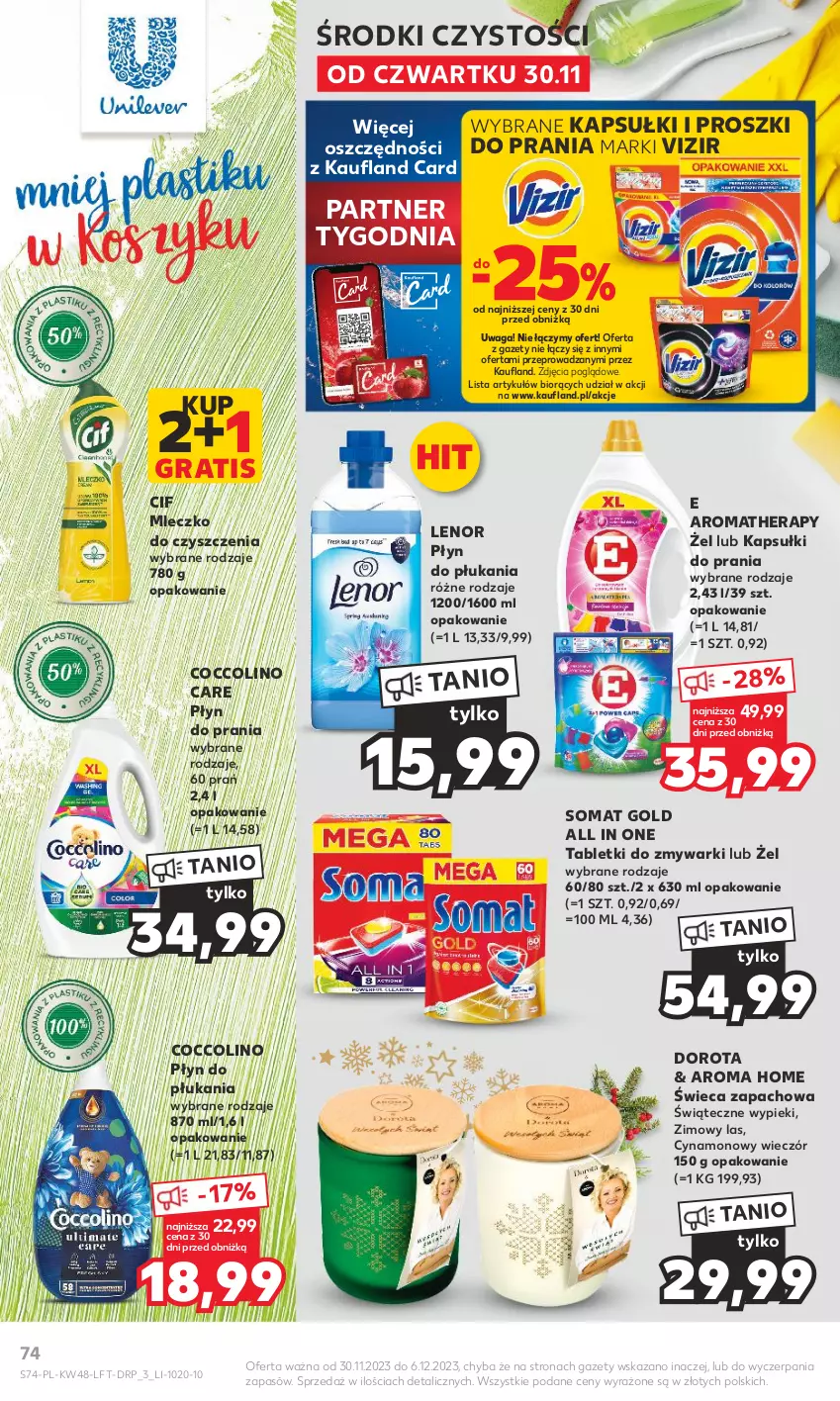 Gazetka promocyjna Kaufland - Gazetka tygodnia - ważna 30.11 do 06.12.2023 - strona 74 - produkty: Cif, Coccolino, Gra, Kapsułki do prania, Lenor, Mleczko, Płyn do płukania, Płyn do prania, Somat, Somat gold, Tablet, Tabletki do zmywarki, Vizir, Waga, Zmywarki