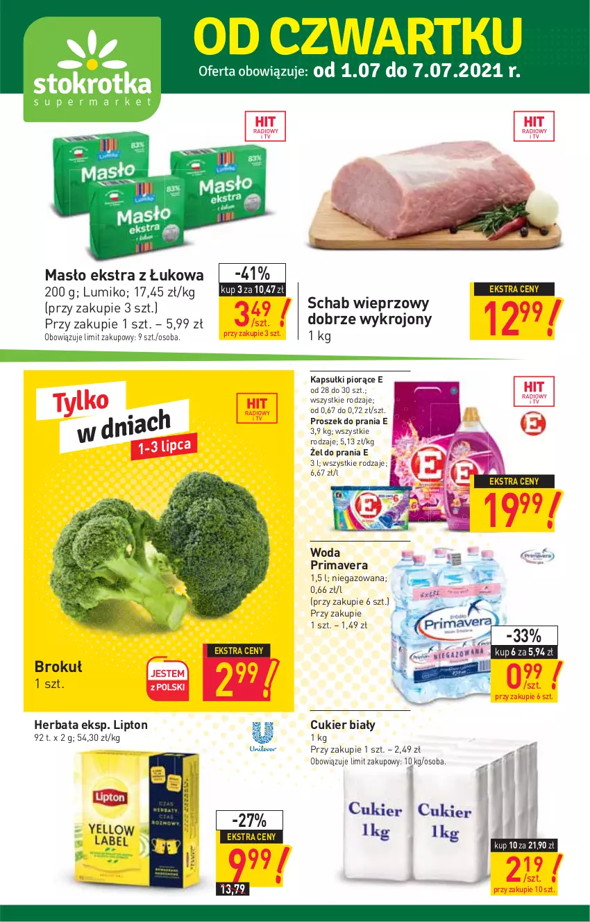 Gazetka promocyjna Stokrotka - Supermarket - ważna 01.07 do 07.07.2021 - strona 1 - produkty: Cukier, Herbata, Lipton, Masło, Prima, Primavera, Proszek do prania, Schab wieprzowy, Woda