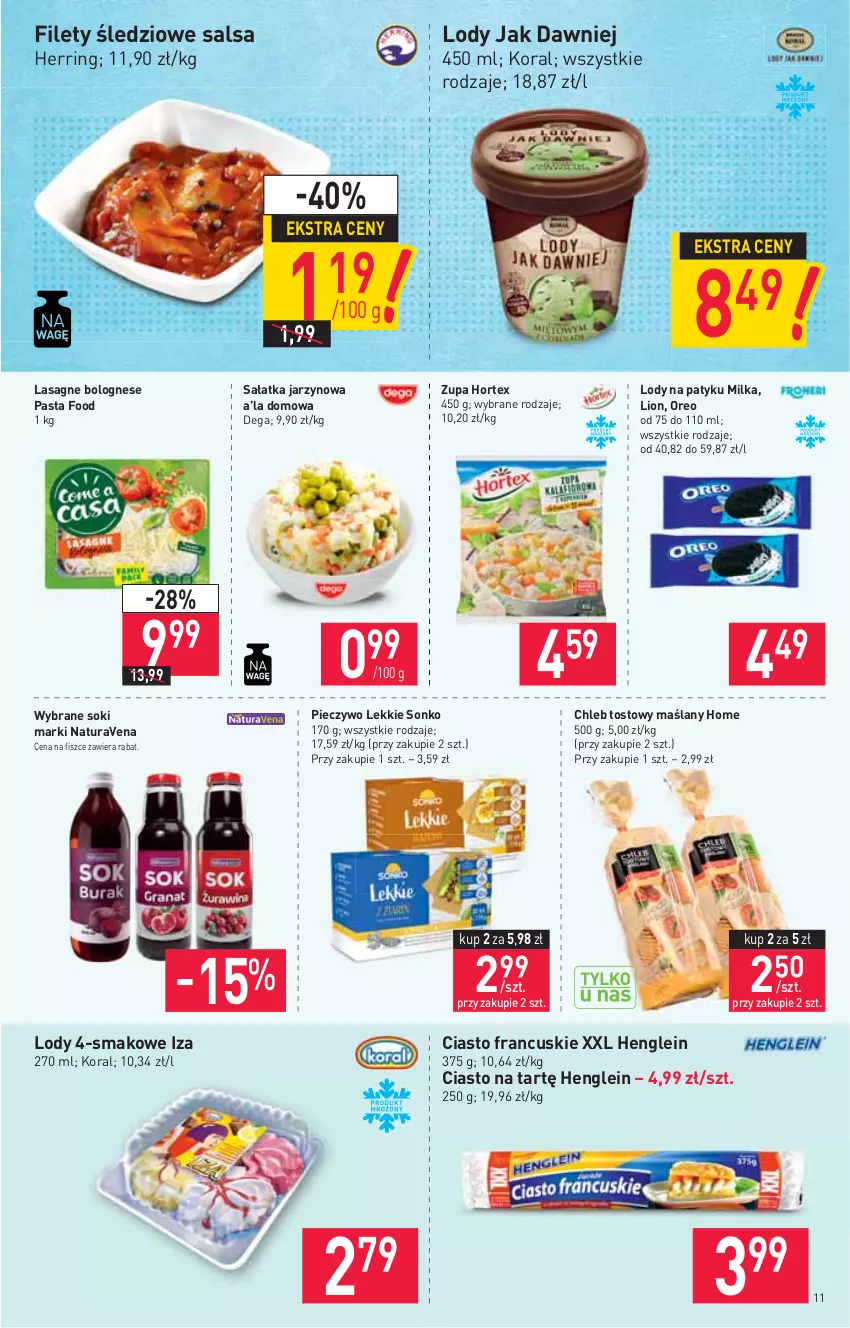 Gazetka promocyjna Stokrotka - Supermarket - ważna 01.07 do 07.07.2021 - strona 11 - produkty: Chleb, Chleb tostowy, Ciasto francuskie, Dega, Hortex, Lasagne, Lasagne bolognese, Lion, Lody, Milka, Oreo, Piec, Pieczywo, Sałat, Sałatka, Salsa, Sok, Sonko, Zupa