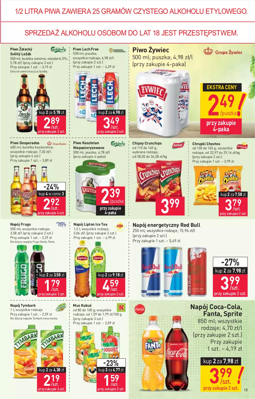 Gazetka promocyjna Stokrotka - Supermarket - ważna 01.07 do 07.07.2021 - strona 13 - produkty: Cheetos, Chipsy, Chrupki, Coca-Cola, Crunchips, Desperados, Fa, Fanta, Gra, Ice tea, Kasztelan, Kubuś, Lipton, Mus, Napój, Napój energetyczny, Owoce, Piwa, Piwo, Red Bull, Sprite, Tymbark