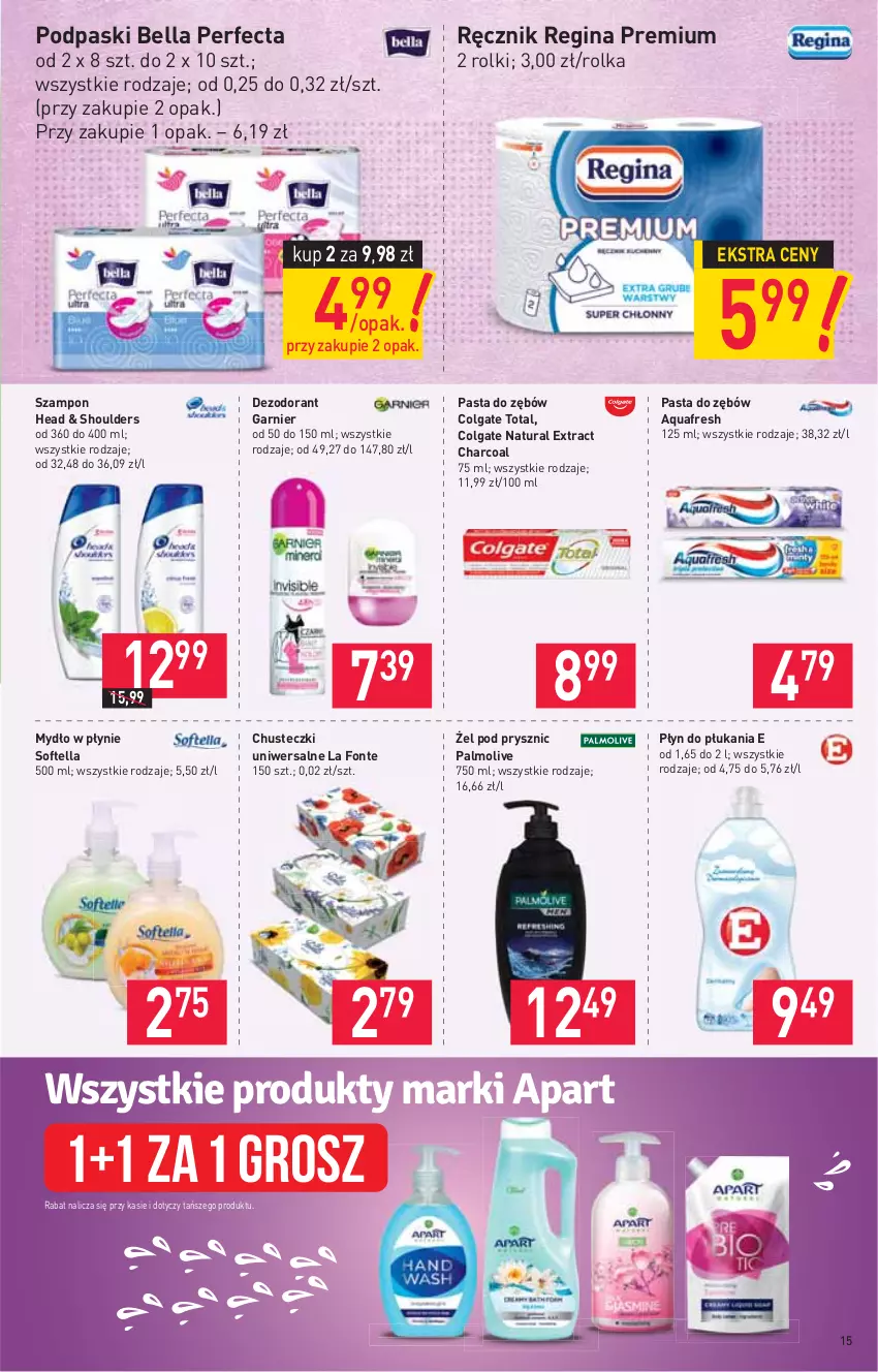 Gazetka promocyjna Stokrotka - Supermarket - ważna 01.07 do 07.07.2021 - strona 15 - produkty: Aquafresh, Bell, Bella, Chusteczki, Colgate, Colgate Total, Dezodorant, Garnier, Gin, LG, Mydło, Mydło w płynie, Palmolive, Pasta do zębów, Perfecta, Płyn do płukania, Podpaski, Ręcznik, Rolki, Szampon