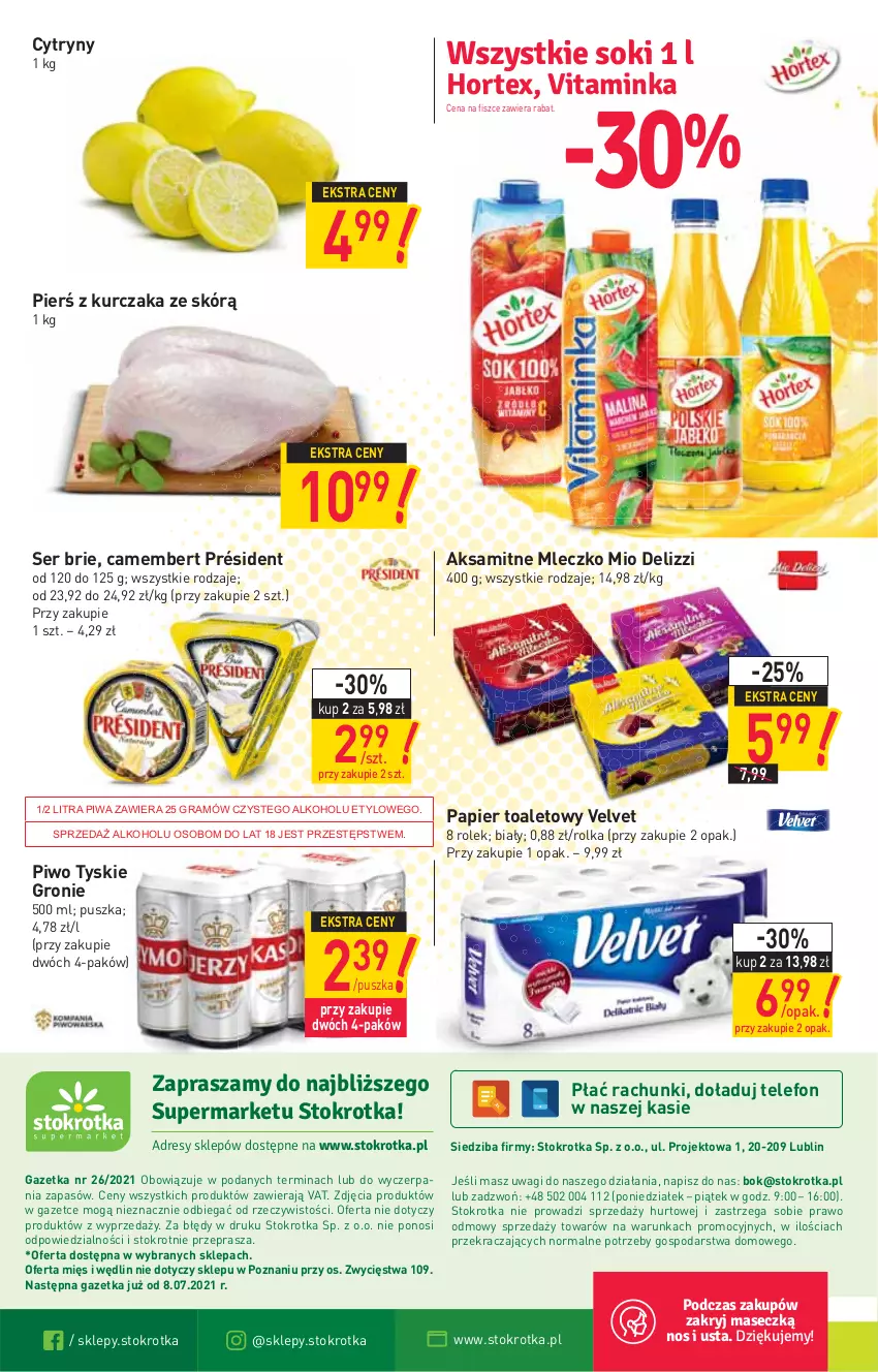 Gazetka promocyjna Stokrotka - Supermarket - ważna 01.07 do 07.07.2021 - strona 20 - produkty: Aksam, Brie, Camembert, Cytryny, Gra, Hortex, Inka, Kurczak, Mleczko, O nas, Papier, Papier toaletowy, Piwa, Piwo, Président, Ser, Sok, Telefon, Tyskie, Velvet, Wagi