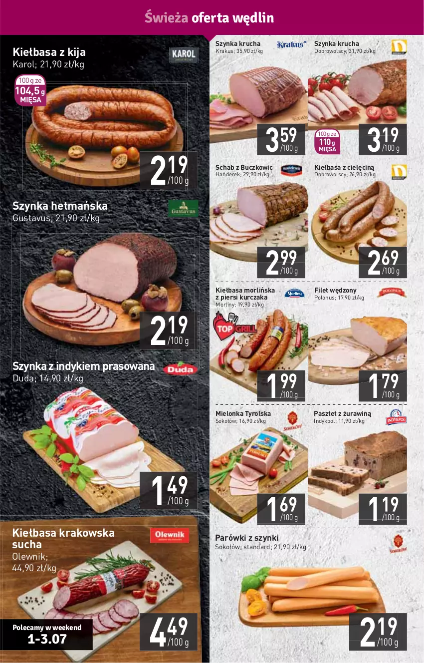 Gazetka promocyjna Stokrotka - Supermarket - ważna 01.07 do 07.07.2021 - strona 6 - produkty: Duda, HP, Kiełbasa, Kiełbasa krakowska, Krakus, Kurczak, Mielonka tyrolska, Morliny, Olewnik, Parówki, Parówki z szynki, Pasztet, Sok, Sokołów, Szynka